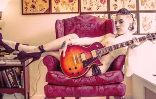 andrea cirillo, young, alternative, model, hairstyle, slim, sexy babe, long hair, posing, sitting, red, chair, erotic art, tight clothes, tattoo, guitar, rockabilly, make up art, sexy, legs, high heels, andrea, hi-q, skinny, delicious, sexy, s
