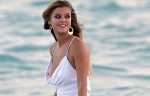 nina agdal, beach, model, nipple slip, white, dress, si model, blonde