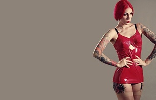 young, redhead, alternative, amateur, model, sexy babe, short hair, tattoo, posing, sexy, dressed, red, pvc, lingerie, minidress, stockings, erotic, hi-q, tattoos, body art, lingerie series, minimalist wall, own cut, fetish babe