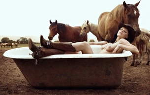 cowgirl, brunette, naked, bathtub, pasture, horses, big boobs, nipples, cowboy boots, spurs, spur, horse, hat