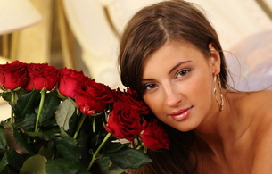 maria ryabushkina, tara, brunette, sexy girl, russian, adult model, face, eyes, flowers, roses, melena a, aktomara a, masha e, hi-q, close up