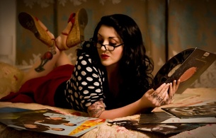 young, brunette, alternative, amateur, model, slim, sexy babe, long hair, laying, bed, sexy, dressed, retro, pin up style, close up, eyes, face, glasses, sexy, red lips, lift legs, tattoo, pin up