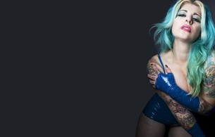 miss mischief, brunette, erotic, fetish, glamour, tattoo, model, slim, curvy, sexy babe, long hair, blue highlights, close up, eyes, face, piercing, blue, latex, lingerie, gloves, erotic, hi-q, minimalist wall, own cut, fetish babe, lingerie