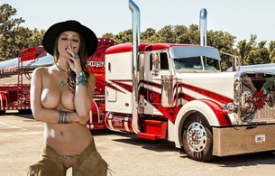 chelsie aryn, playboy, model, brunette, cowgirl, big rig, big tits, nipples, shaved pussy, cigar, chaps, jewelry, truck, hat, delicious, sexy, perfect tits, perfect breasts