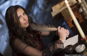 calvera, brunette, long hair, feather, candle, flame