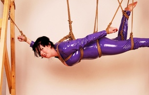 brunette, busty, milf, amateur, fetish babe, model, short hair, slave, purple, pvc, catsuit, hanging, tied, bound, rope, submissive, babe, tight clothes, red lips, bondage, session, bdsm