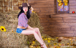 katie, brunette, sexy girl, adult model, sexy legs, shirt, shorts, hat, hay, long hair, view, look, :), beautiful, jeans