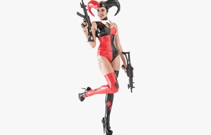 young, fashion, glamour, model, slim, sexy babe, posing, smile, red, lips, shiny, tight clothes, cosplay, harley quinn, cap, pvc, lingerie, body, hot, decollete, underbust corset, stockings, legs, high heels, automatic weapons, girls and gu