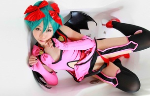 young, slim, exotic, sexy babe, asian, blue wig, cosplay, hatsune miku, posing, laying, bathroom, bathtub, sexy dressed, tight clothes, stockings, legs, red, high heels, erotic, re-up