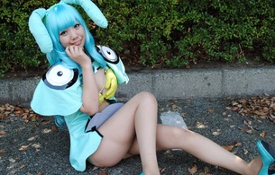 young, exotic, amateur, cosplayer, model, slim, asian, sexy babe, blue hair, posing, sitting, fancy dressed, cosplay, hey bunny !, sexy, decollete, erotic, legs, high heels