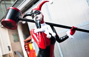 young, slim, cosplayer, amateur, model, slim, sexy babe, close up, posing, outdoor, tight clothes, shiny, pvc, catsuit, mask, cosplay, harley quinn, erotic, fetish babe, big hammer, hi-q