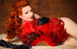 burgundy brixx, canadian, redhead, pin up, burlesque, glamour, model, busty, milf, sexy babe, long hair, erotic, red lips, posing, laying, smile, lingerie, covered, feathers, fan, erotic, burlesque star, pin up style