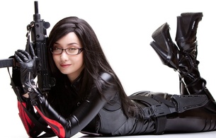 alodia, brunette, exotic, cosplayer, amateur, model, slim, asian, sexy babe, long hair, laying, shiny, lycra, catsuit, pvc, knee boots, cosplay, the baroness, girls and guns, uzi, erotic, smile, hi-q, girls and guns, alodia gosiengfiao, babes in boots, fetish babe