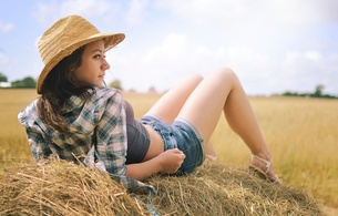 brunette, sexy girl, shirt, jeans shorts, hat, hay, sexy legs, outdoors