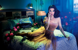 katy perry, american, singer, celebrity, songwriter, brunette, curvy, sexy babe, long hair, katheryn elizabeth hudson, posing, sitting, bed, pin up style, erotic, real celebs wall