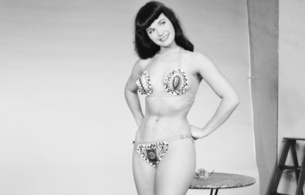 bettie page, bettie mae page, brunette, american, pin up, nude, fetish, model, diva, sex symbol, sexy babe, long hair, posing, smile, vintage, lingerie, black and white, b&w, retro, erotic, real celebs wall, femme fatale