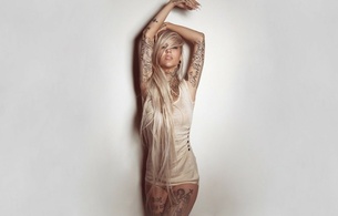 beautiful, model, sexy, lingerie, shirt, pose, face, hair, legs, hans, beauty, sara fabel, sexy babe, long hair, tattoo, posing, erotic, minimalist wall, tattoos, body art