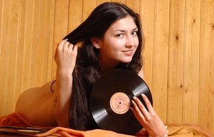 qualey, brunette, sexy girl, adult model, nude, naked, kazakh, vinyl records, smile, long hair, view, look, records, liya, bousya