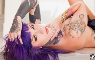 tattoo, brunette, nude, boobs, naked, short, legs, sexy, face, hair, beautiful, body, suicide girls, rebecca crow, katherine suicide, katherine, hi-q, close up, erotic, tattoos, body art, purple hair
