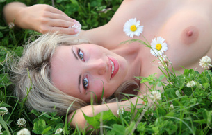 natalia, blonde, sexy girl, adult model, smile, flowers