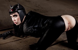 brunette, slim, adult, model, sexy babe, pornactress, posing, kneeling, black, shiny, lycra, catsuit, open crotch, nice rack, sexy ass, vertical smile, cosplay, catwoman, mask, hi-q, hot, ass wallpaper, fetish babe, dressed for sex, dc comics