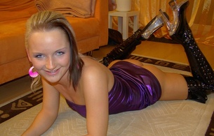 young, blonde, slim, teen, amateur, model, slim, sexy babe, long hair, close up, eyes, face, laying, floor, shiny, purple, lycra, minidress, black, overknee, pvc, high boots, erotic, homemade, fetish babe, smile, blue eyes, babes in boots