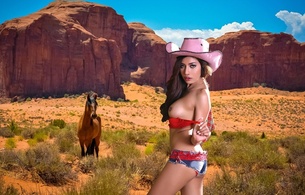 avalyn, brunette, cowgirl, topless, big tits, hard nipples, short shorts, horse, canyon