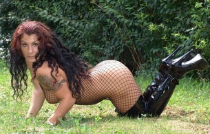 brunette, german, curvy, milf, amateur, model, pornactress, sexy babe, tattoo, long hair, posing, kneeling, outdoor, fishnet, bodystocking, black, shiny, overknee, pvc, high boots, fetish babe, babes in boots