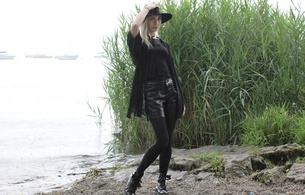 alternative, amateur, ankle boots, beach, black, blonde, casual wear, hat, hi-q, leather, long hair, model, outdoor, pants, pantyhose, posing, rain, sand, sexy babe, sexy dressed, slim, water, young