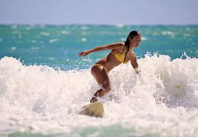 amateur, bikini, blonde, crashing waves, model, sea, surfboard, surfing, waves
