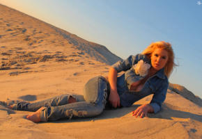 blonde, lying on the sand, desert, sky, denim wear, the contours of breasts, anna fuchila, sand, jeans, cleavage
