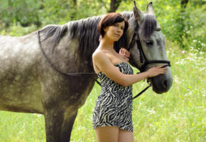 brunette, dress, horse, in wood, on nature, suzanna a, nadia p, susi r