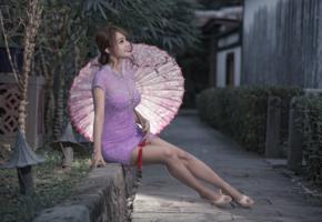 girl, asian, sweet, cute, sensual, umbrella, sexy legs, shoes, heels, pink dress