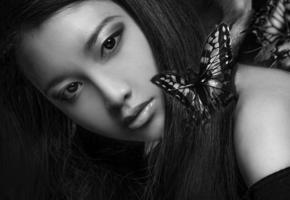 girl, butterfly, face, widescreen cut, black and white, asian, brunette