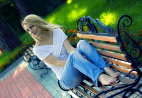 girl, blonde, t-shirt, jeans, parkland, bench, 23000, view, look, feet, smile