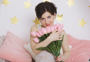 sasha bree, brunette, sexy girl, adult model, flowers, smile, tulips