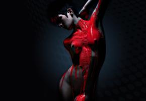 girl, blood, black, red, bloody mary, widescreen cut, tits, nipples, short hair, paint
