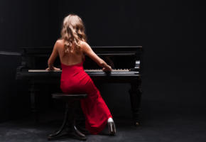 girl, sexy, dress, piano, music, red dress