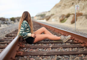 girl, sweet, long hairs, legs, rails, railroad, sexy legs, railline, tracks, shoes, brownette, hi-q