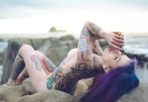 ilanna, sexy girl, hot girl, nude, shore, tattoo, suicide girls, purple hair, blue hair