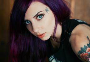 suicide girls, purple, spider, tattoo, purple hair