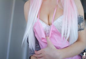 elie, pink hair, kitchen, pinafore, tits, lingerie, suicide girls