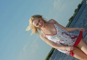 unknown, blonde, beach, smile, dress, summer dress, pussy