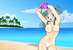 bulma, dragonball, vector, beach, sweet, shaved, teen, green hair, anime, manga
