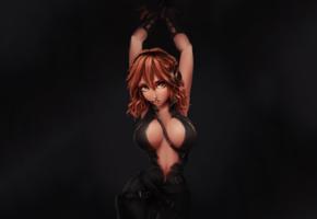 anime, tied up, hands up, red hair, big breasts, cartoon, fantasy, girls, nice look