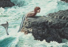 mermaid, sea, rocks, bottle