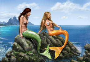 mermaid, two, redhead, blonde, rocks