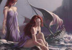 mermaid, redhead, rocks, storm