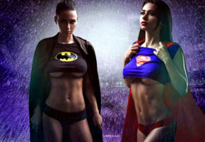 badgirl, supergirl, shiny clothes, brunette, boobs, superman, batgirl, underboob, cosplay, batman