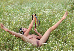 suzanna a, susi r, nadia p, brunette, outdoors, field, naked, big tits, shaved pussy, labia, ass, spread legs, bow and arrow, hi-q